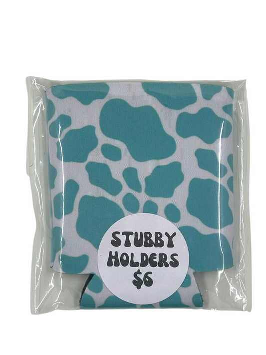 Stubby Holder - Teal Cow Print
